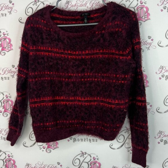 Jessica Simpson sweater furry fuzz stripes Burgundy and Red Fuzzy Sweater - Picture 1 of 8